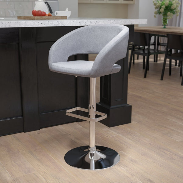 English Elm Erik Contemporary Adjustable Height Barstool with Rounded Back, Chrome Base for Modern Spaces Gray Fabric/Chrome Frame CH-122070-GYFAB-GG