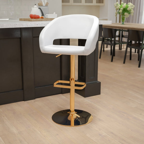 English Elm Erik Contemporary Adjustable Height Barstool with Rounded Mid-Back for Modern Kitchen Spaces White/Gold Frame CH-122070-WH-G-GG
