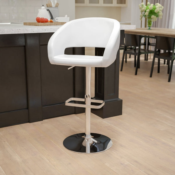 English Elm Erik Contemporary Adjustable Height Barstool with Rounded Mid-Back for Modern Kitchen Spaces White Vinyl/Chrome Frame CH-122070-WH-GG