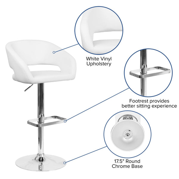 English Elm Erik Contemporary Adjustable Height Barstool with Rounded Mid-Back for Modern Kitchen Spaces White Vinyl/Chrome Frame CH-122070-WH-GG
