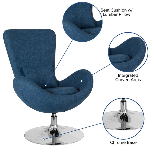 English Elm Egg Series Contemporary High-Back Reception Chair with Swivel Seat and Lumbar Support for Comfort Blue Fabric CH-162430-BL-FAB-GG