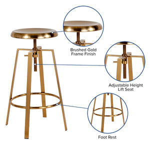 English Elm Toledo Industrial Style Barstool with Adjustable Height & 360° Swivel for Modern Home Bars Gold CH-181070-26S-GLD-GG