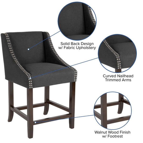 English Elm Carmel Series 24" High Transitional Counter Stool with Elegant Nailhead Trim for Stylish Dining Spaces Charcoal Fabric CH-182020-24-BK-F-GG