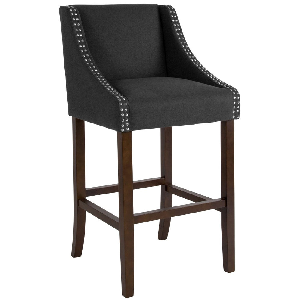 English Elm Carmel 30" Transitional Walnut Barstool with Charcoal Fabric & Nailhead Trim – Comfort & Style CH-182020-30-BK-F-GG