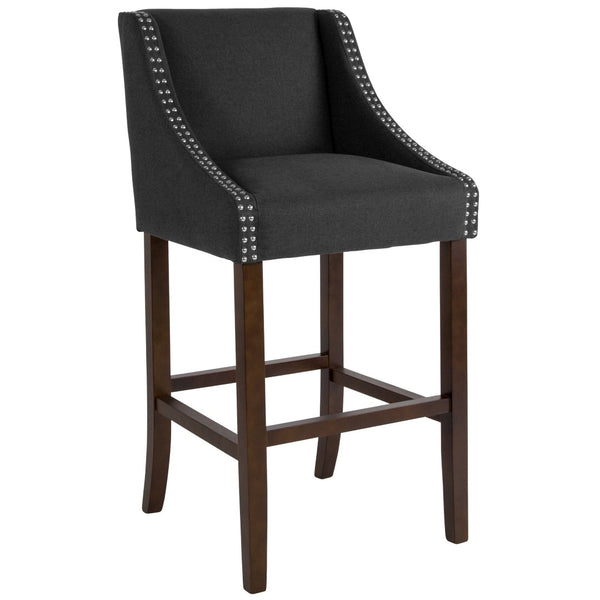 English Elm Carmel 30" Transitional Walnut Barstool with Charcoal Fabric & Nailhead Trim – Comfort & Style CH-182020-30-BK-F-GG