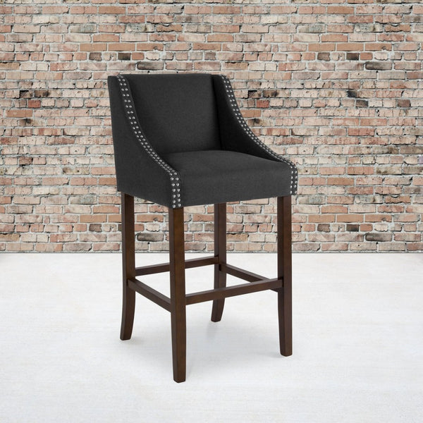 English Elm Carmel 30" Transitional Walnut Barstool with Charcoal Fabric & Nailhead Trim – Comfort & Style CH-182020-30-BK-F-GG
