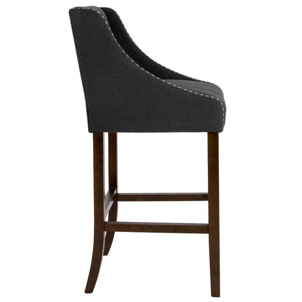 English Elm Carmel 30" Transitional Walnut Barstool with Charcoal Fabric & Nailhead Trim – Comfort & Style CH-182020-30-BK-F-GG