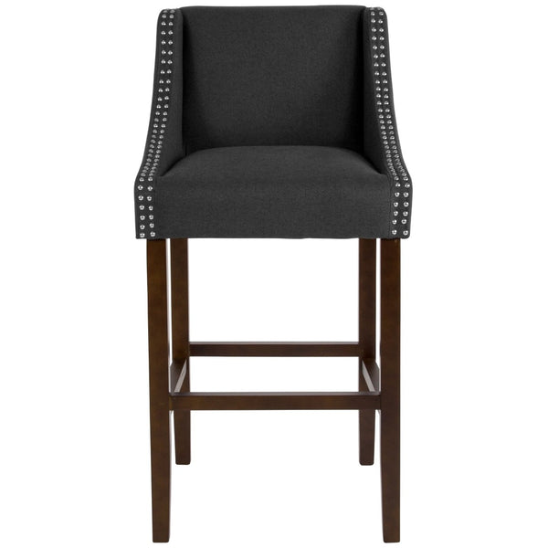 English Elm Carmel 30" Transitional Walnut Barstool with Charcoal Fabric & Nailhead Trim – Comfort & Style CH-182020-30-BK-F-GG