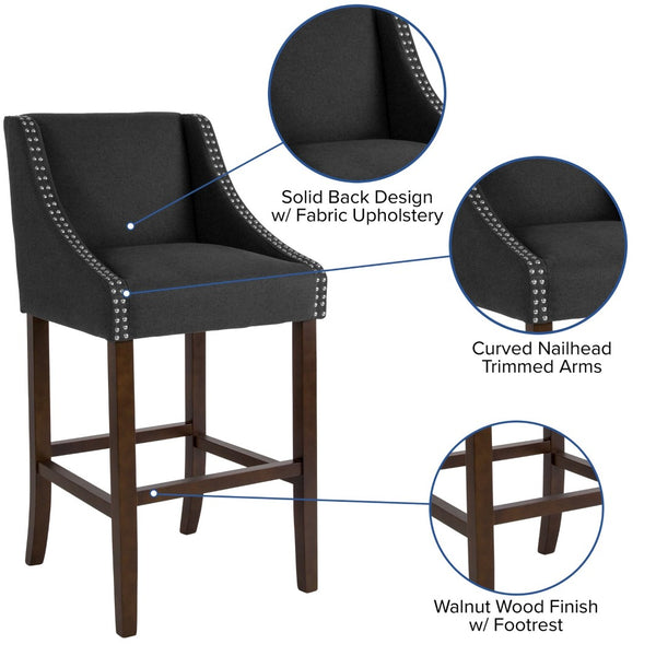 English Elm Carmel 30" Transitional Walnut Barstool with Charcoal Fabric & Nailhead Trim – Comfort & Style CH-182020-30-BK-F-GG