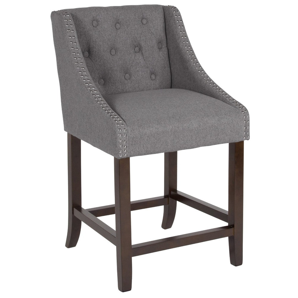 English Elm Carmel 24" High Transitional Tufted Walnut Counter Stool with Nailhead Trim in Elegant Dark Gray Fabric CH-182020-T-24-DKGY-F-GG