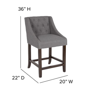English Elm Carmel 24" High Transitional Tufted Walnut Counter Stool with Nailhead Trim in Elegant Dark Gray Fabric CH-182020-T-24-DKGY-F-GG