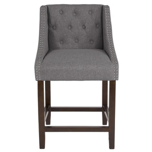 English Elm Carmel 24" High Transitional Tufted Walnut Counter Stool with Nailhead Trim in Elegant Dark Gray Fabric CH-182020-T-24-DKGY-F-GG