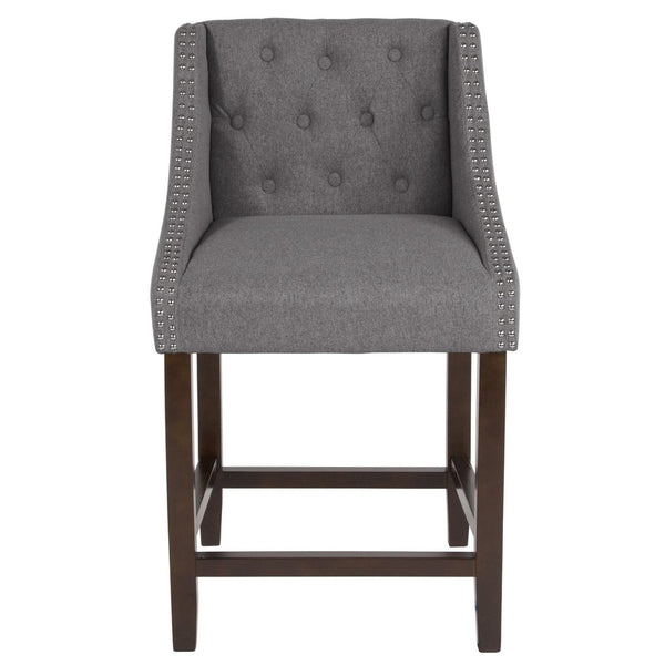 English Elm Carmel 24" High Transitional Tufted Walnut Counter Stool with Nailhead Trim in Elegant Dark Gray Fabric CH-182020-T-24-DKGY-F-GG