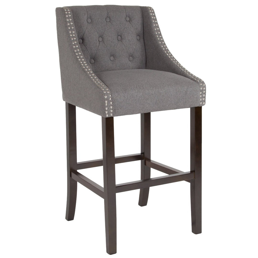English Elm Carmel 30" High Transitional Tufted Barstool with Walnut Frame & Nailhead Trim in Dark Gray Fabric CH-182020-T-30-DKGY-F-GG