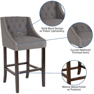 English Elm Carmel 30" High Transitional Tufted Barstool with Walnut Frame & Nailhead Trim in Dark Gray Fabric CH-182020-T-30-DKGY-F-GG