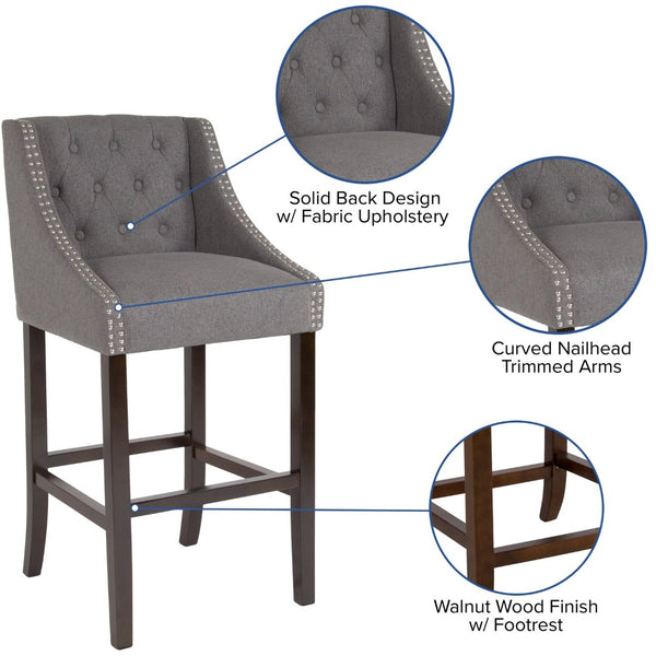 English Elm Carmel 30" High Transitional Tufted Barstool with Walnut Frame & Nailhead Trim in Dark Gray Fabric CH-182020-T-30-DKGY-F-GG