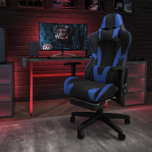 English Elm X30 Gaming Chair Ergonomic Office Chair with Fully Reclining Back, Slide-Out Footrest & Comfort Support Blue CH-187230-BL-GG