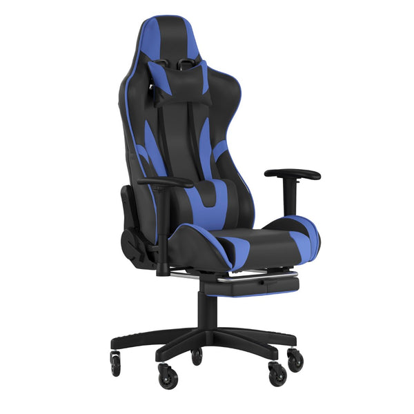 English Elm X30 Gaming Chair – Ergonomic Racing-Style Design with Reclining Back, Footrest & Smooth Roller Wheels Blue CH-187230-BL-RLB-GG