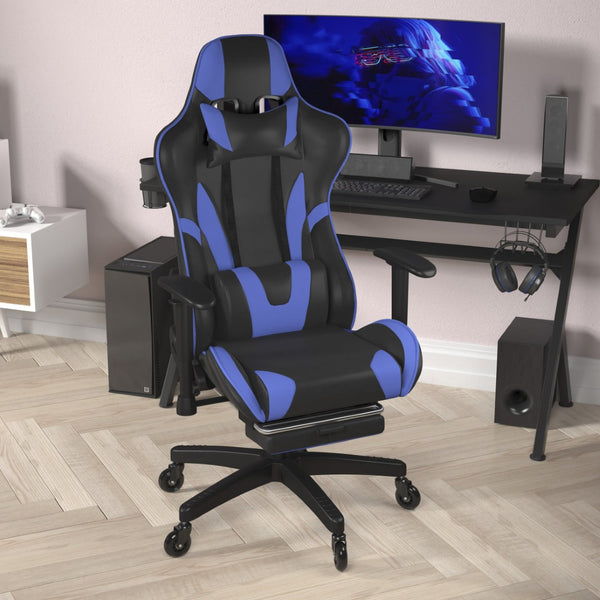 English Elm X30 Gaming Chair – Ergonomic Racing-Style Design with Reclining Back, Footrest & Smooth Roller Wheels Blue CH-187230-BL-RLB-GG