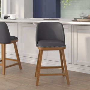 English Elm Julia Set of 2 Transitional 24" LeatherSoft Counter Stools with Silver Nailhead Trim & Walnut Finish CH-192162X000PU-24-GY-GG