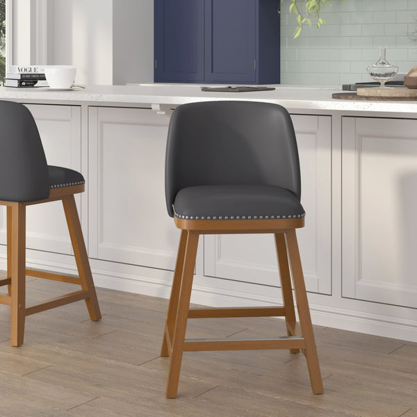English Elm Julia Set of 2 Transitional 24" LeatherSoft Counter Stools with Silver Nailhead Trim & Walnut Finish CH-192162X000PU-24-GY-GG