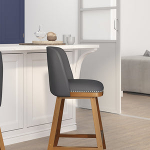 English Elm Julia Set of 2 Transitional 24" LeatherSoft Counter Stools with Silver Nailhead Trim & Walnut Finish CH-192162X000PU-24-GY-GG