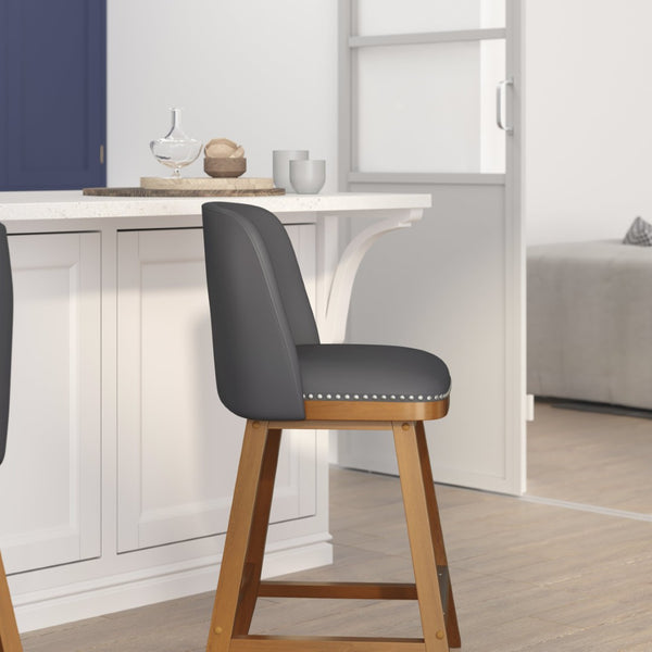 English Elm Julia Set of 2 Transitional 24" LeatherSoft Counter Stools with Silver Nailhead Trim & Walnut Finish CH-192162X000PU-24-GY-GG