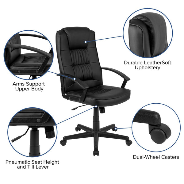 English Elm Biscayne High-Back LeatherSoft Task Office Chair - Ergonomic Comfort with Adjustable Features & Arms CH-197051X000-BK-GG