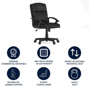 English Elm Coffman Mid-Back Black LeatherSoft Task Chair - Comfortable, Adjustable Office Seating for Productivity CH-197220X000-BK-GG