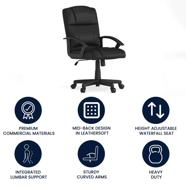 English Elm Coffman Mid-Back Black LeatherSoft Task Chair - Comfortable, Adjustable Office Seating for Productivity CH-197220X000-BK-GG