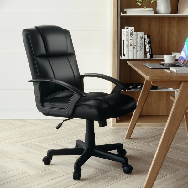English Elm Coffman Mid-Back Black LeatherSoft Task Chair - Comfortable, Adjustable Office Seating for Productivity CH-197220X000-BK-GG
