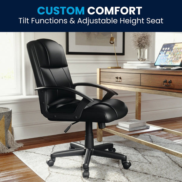 English Elm Coffman Mid-Back Black LeatherSoft Task Chair - Comfortable, Adjustable Office Seating for Productivity CH-197220X000-BK-GG