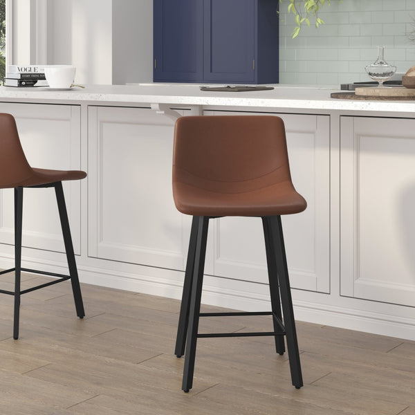 English Elm Caleb Modern Armless Counter Height Stools Set of 2 - Stylish, Durable, and Comfortable for Any Space Cognac LeatherSoft CH-212069-24-BR-GG