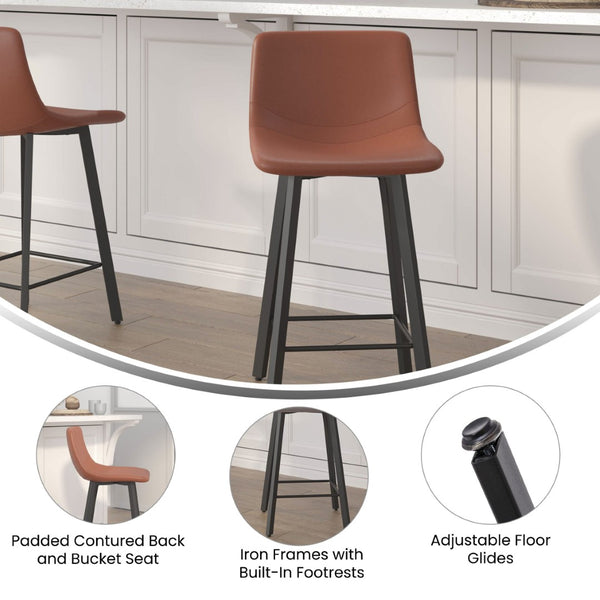 English Elm Caleb Modern Armless Counter Height Stools Set of 2 - Stylish, Durable, and Comfortable for Any Space Cognac LeatherSoft CH-212069-24-BR-GG