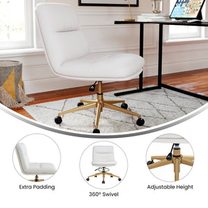 English Elm Chloe Commercial Mid-Back Task Chair – Ergonomic, Adjustable Height, Armless Design, Smooth Mobility White LeatherSoft/Gold Frame CH-232174-1-WH-GLD-GG