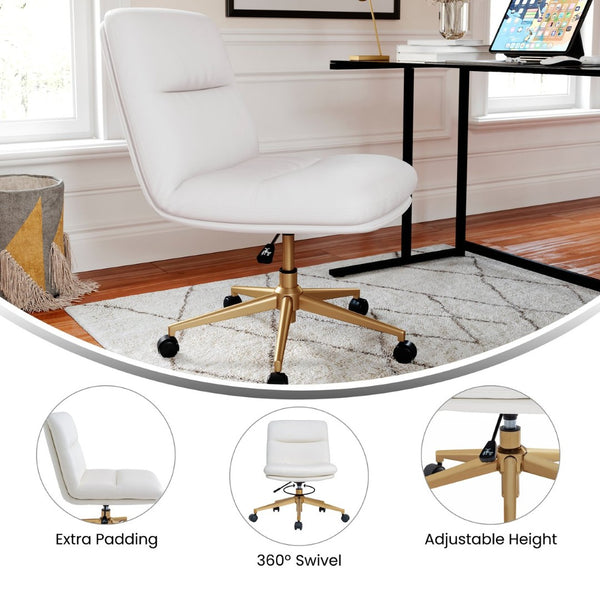 English Elm Chloe Commercial Mid-Back Task Chair – Ergonomic, Adjustable Height, Armless Design, Smooth Mobility White LeatherSoft/Gold Frame CH-232174-1-WH-GLD-GG