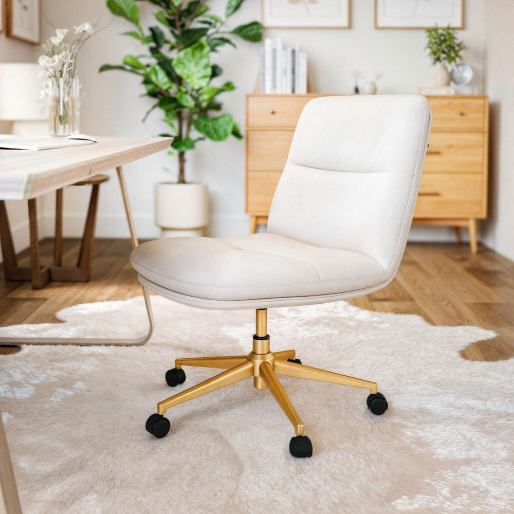 English Elm Chloe Commercial Mid-Back Task Chair – Ergonomic, Adjustable Height, Armless Design, Smooth Mobility White LeatherSoft/Gold Frame CH-232174-1-WH-GLD-GG