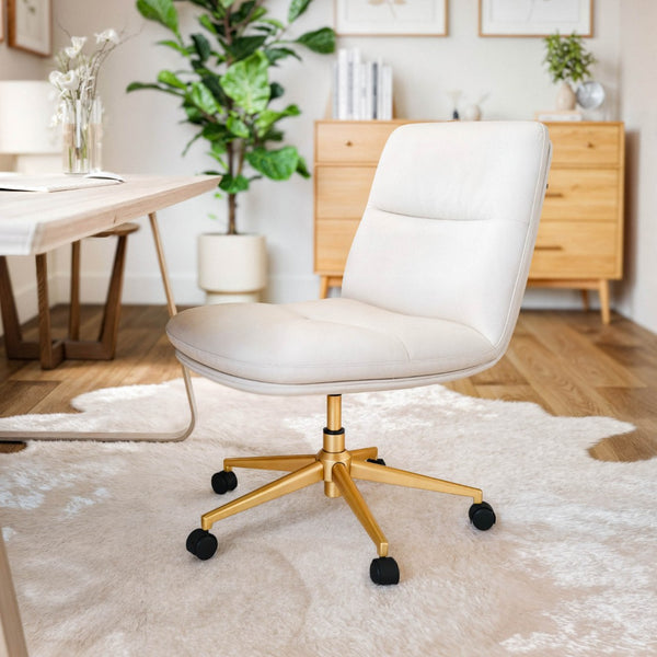English Elm Chloe Commercial Mid-Back Task Chair – Ergonomic, Adjustable Height, Armless Design, Smooth Mobility White LeatherSoft/Gold Frame CH-232174-1-WH-GLD-GG