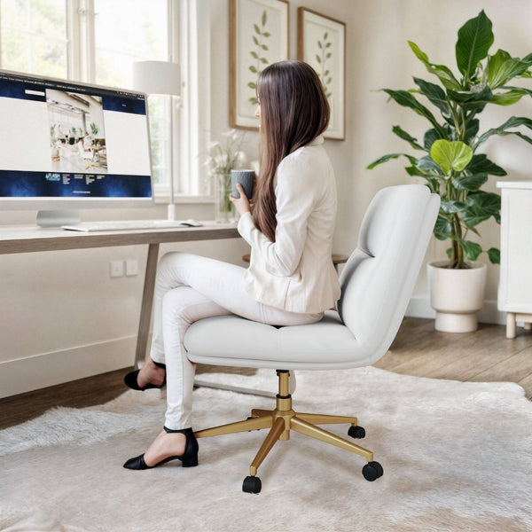 English Elm Chloe Commercial Mid-Back Task Chair – Ergonomic, Adjustable Height, Armless Design, Smooth Mobility White LeatherSoft/Gold Frame CH-232174-1-WH-GLD-GG