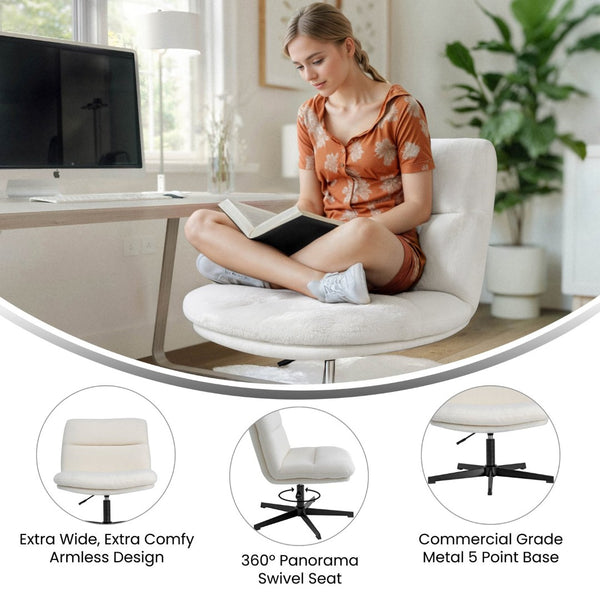 English Elm Chloe Wide Mid-Back Cream Faux Shearling Task Chair – Ergonomic, Adjustable Height, 360° Swivel Design CH-232196-1-CR-BK-GG