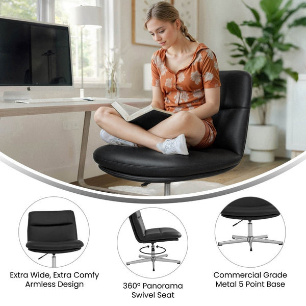 English Elm Chloe Commercial Wide Armless Task Office Chair with Ergonomic Support, Swivel, and Stable Base Black LeatherSoft/Chrome Frame CH-232196-BK-GG