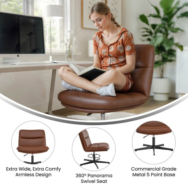 English Elm Chloe Commercial Wide Armless Task Office Chair with Ergonomic Support, Swivel, and Stable Base Cognac LeatherSoft/Black Frame CH-232196-CGN-BK-GG
