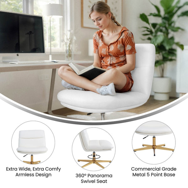 English Elm Chloe Commercial Wide Armless Task Office Chair with Ergonomic Support, Swivel, and Stable Base White LeatherSoft/Gold Frame CH-232196-WH-GLD-GG