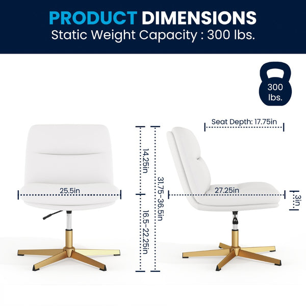 English Elm Chloe Commercial Wide Armless Task Office Chair with Ergonomic Support, Swivel, and Stable Base White LeatherSoft/Gold Frame CH-232196-WH-GLD-GG
