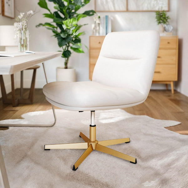 English Elm Chloe Commercial Wide Armless Task Office Chair with Ergonomic Support, Swivel, and Stable Base White LeatherSoft/Gold Frame CH-232196-WH-GLD-GG