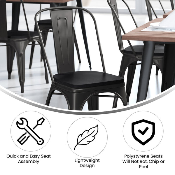 English Elm Perry Commercial Grade Metal Stackable Chair for Indoor-Outdoor Dining, Durable & Stylish Design Black Seat/Black Frame CH-31230-BK-PL1B-GG