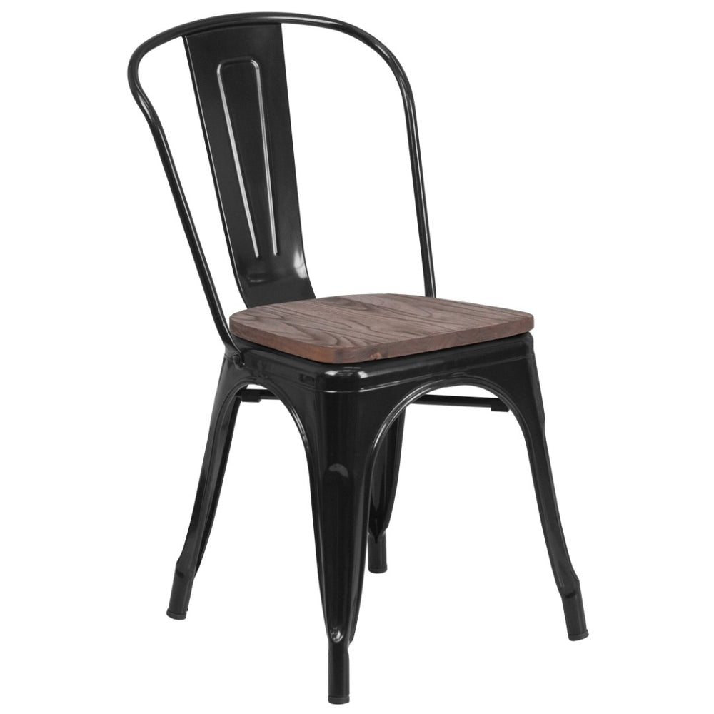 English Elm Perry Stackable Metal Chair with Wood Seat – Vintage Bistro Style for Dining and Commercial Spaces Black CH-31230-BK-WD-GG