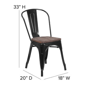 English Elm Perry Stackable Metal Chair with Wood Seat – Vintage Bistro Style for Dining and Commercial Spaces Black CH-31230-BK-WD-GG