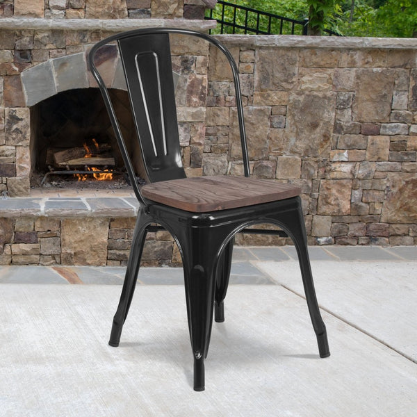 English Elm Perry Stackable Metal Chair with Wood Seat – Vintage Bistro Style for Dining and Commercial Spaces Black CH-31230-BK-WD-GG