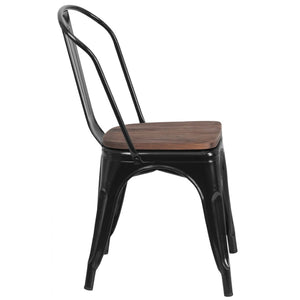 English Elm Perry Stackable Metal Chair with Wood Seat – Vintage Bistro Style for Dining and Commercial Spaces Black CH-31230-BK-WD-GG
